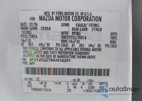 2006 Mazda Tribute I из США, поврежденный, VIN 4F2YZ02Z76KM32201